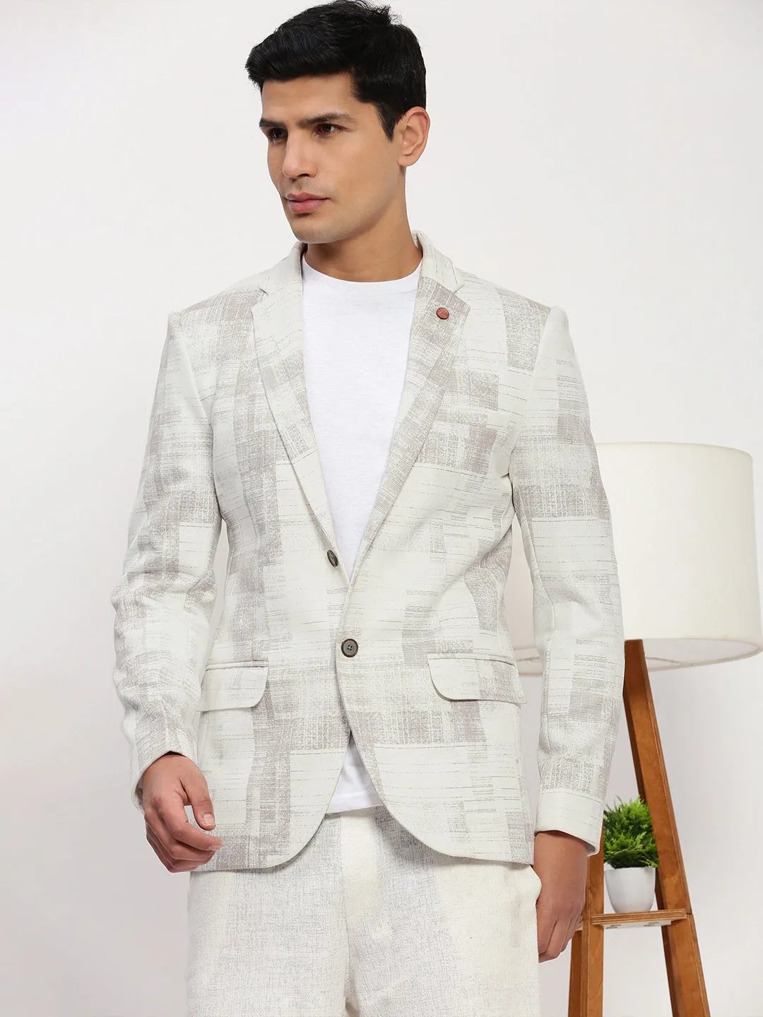 Easy Care Finish Men's Off White Printed Single Breasted Blazer
