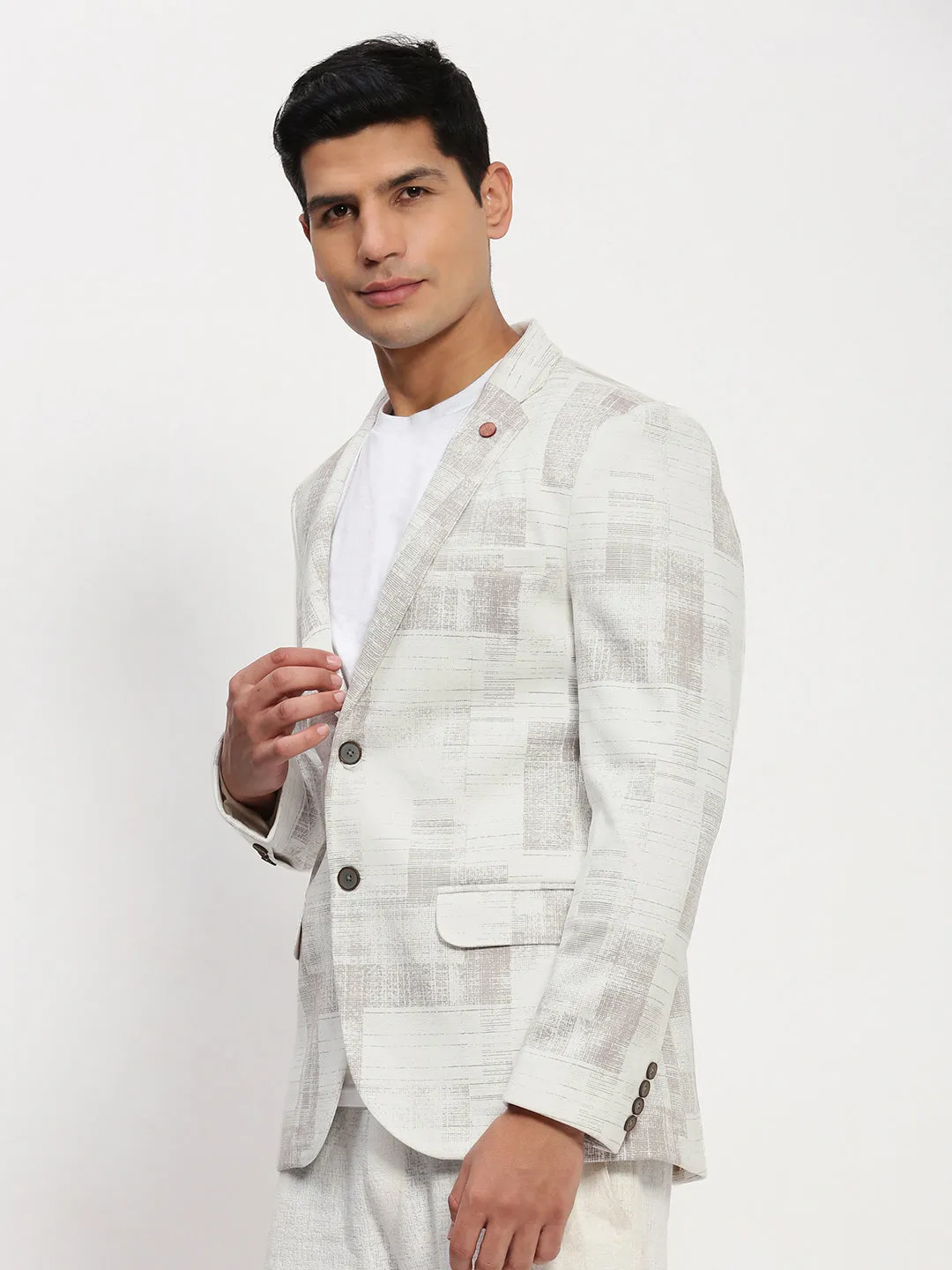 Chic Urban Multi Layer Design Men's Off White Printed Single Breasted Blazer