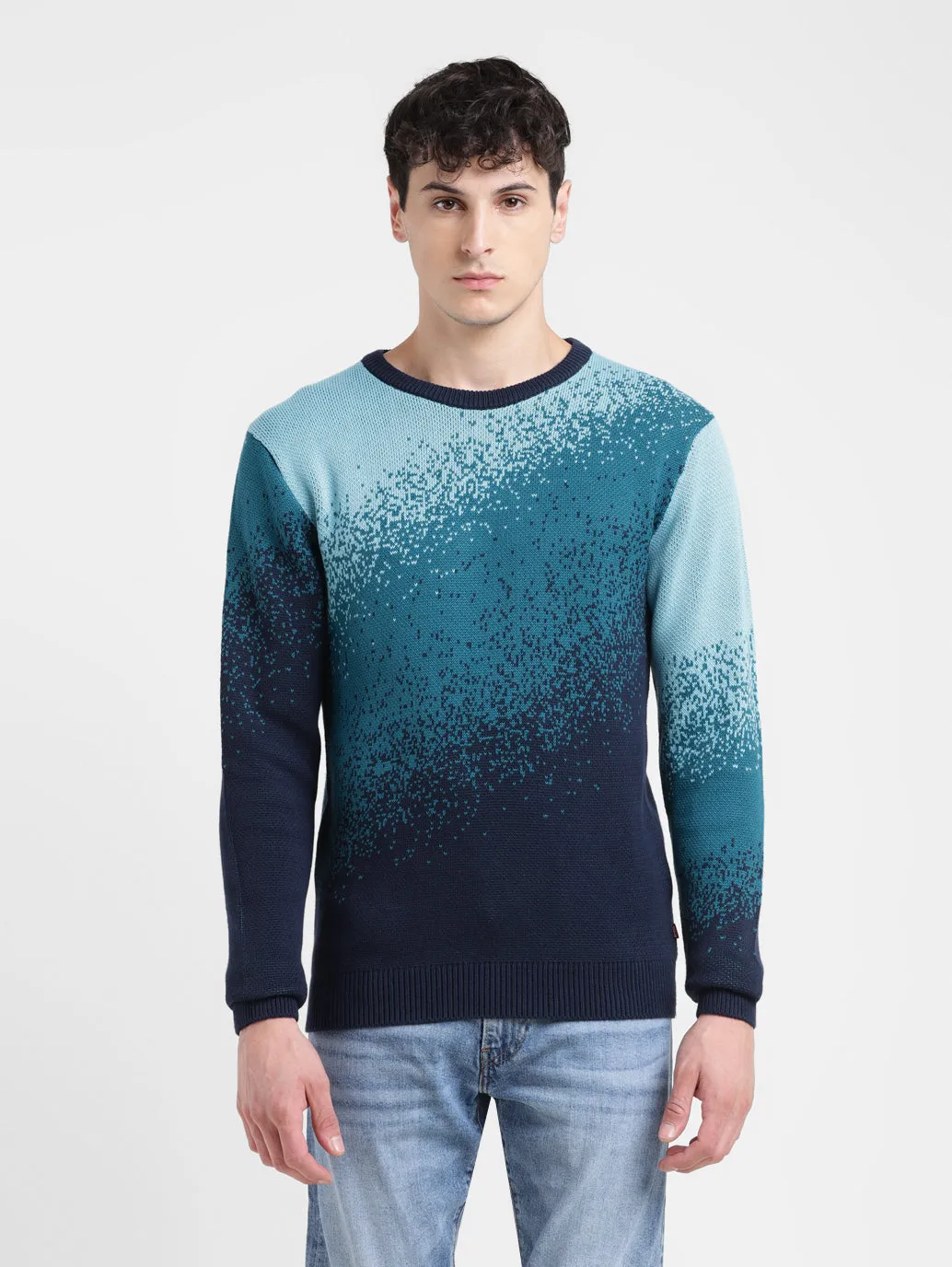 Plush Inner Lining Men's Ombre Blue Crew Neck Sweater