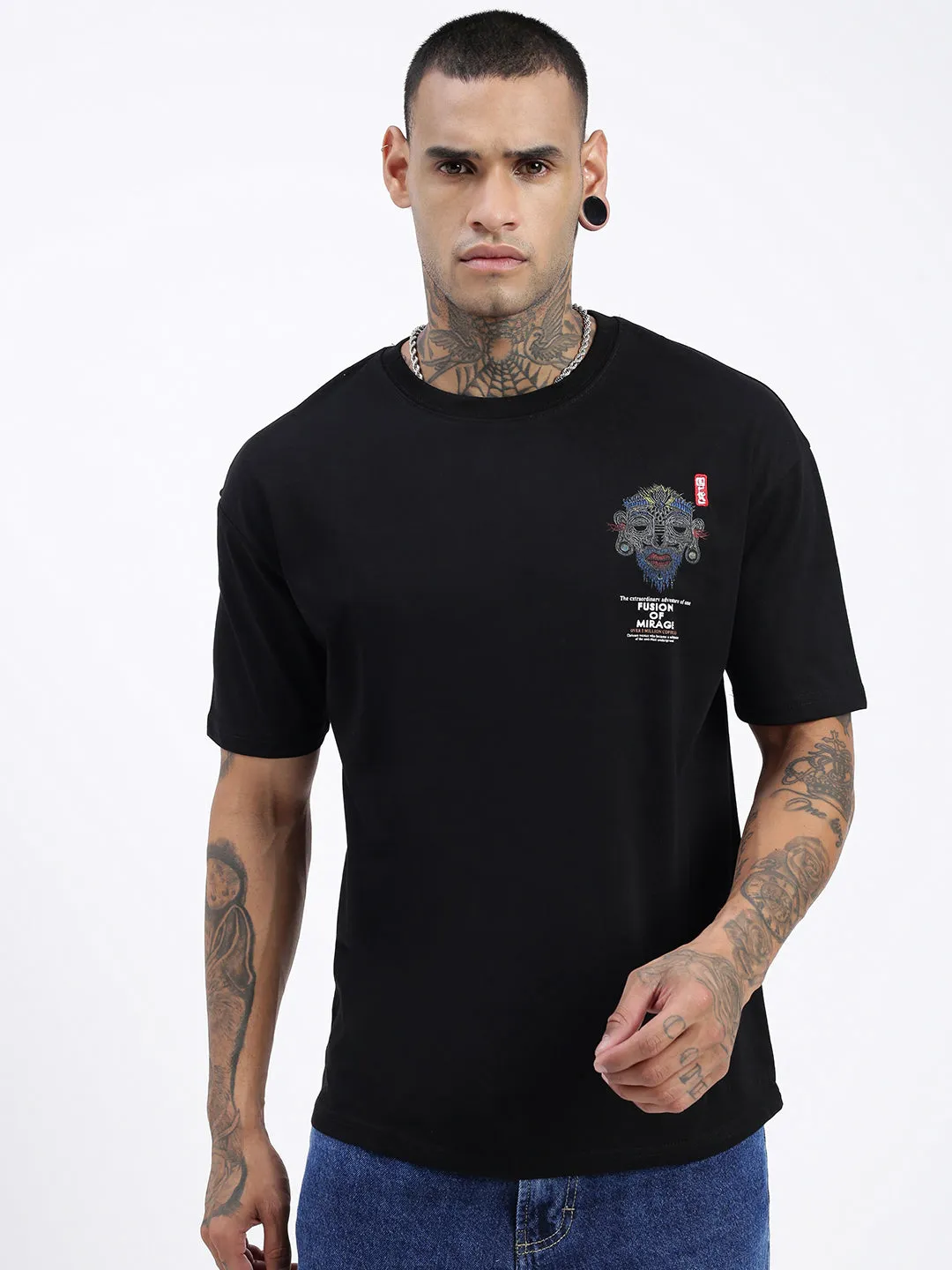 Layering Wear Men's Printed Graphic Black Relaxed Fit T-Shirt