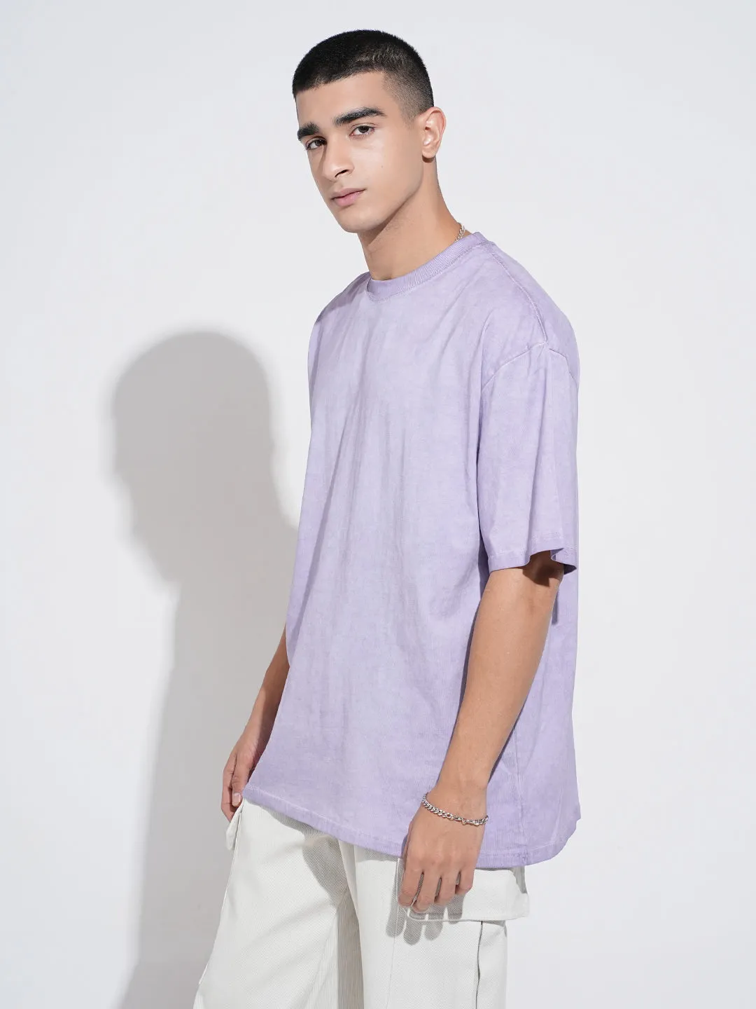 Men's Purple Short Sleeves Round Neck Oversized T-Shirt MultipurposeCuffs