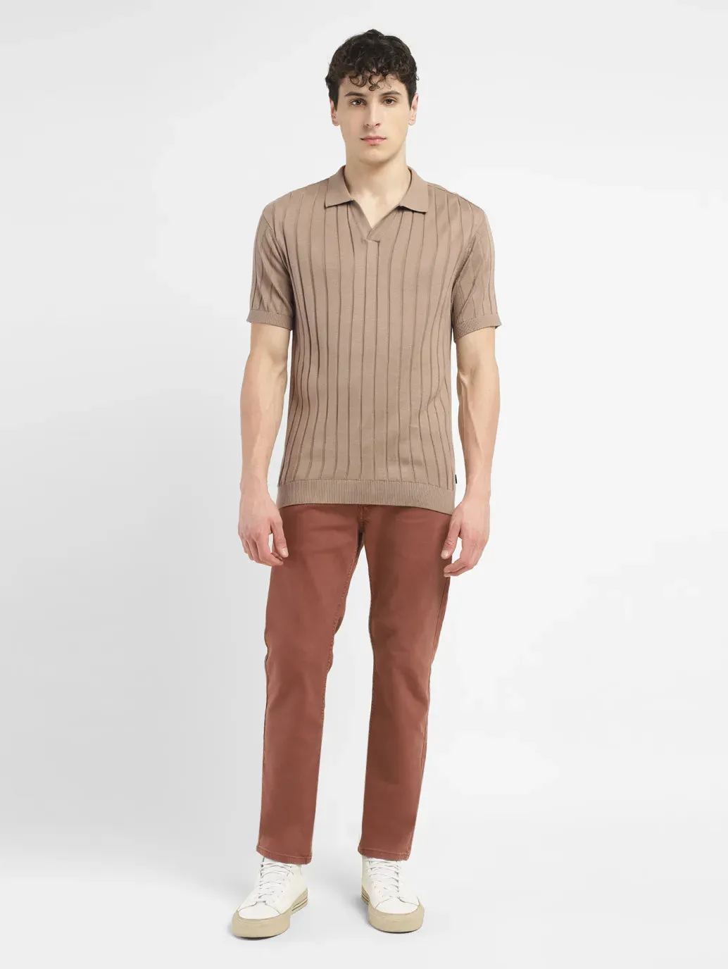 Men's Redloop Striped Khaki Polo Collar Sweater Breathable Mesh Paneling