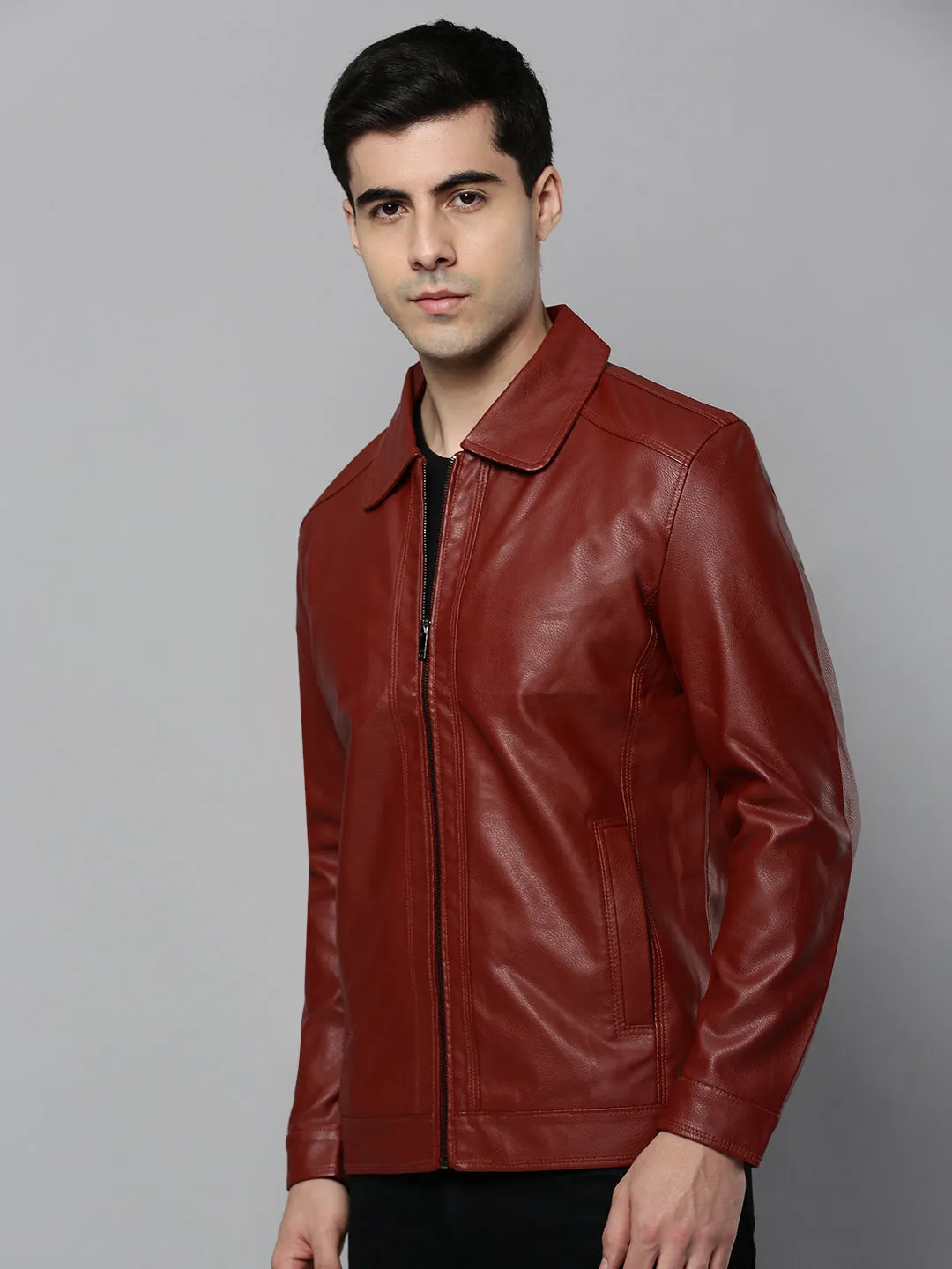DoubleLayeredHem Sporty Chic Men's Rust Leather Bomber Jacket