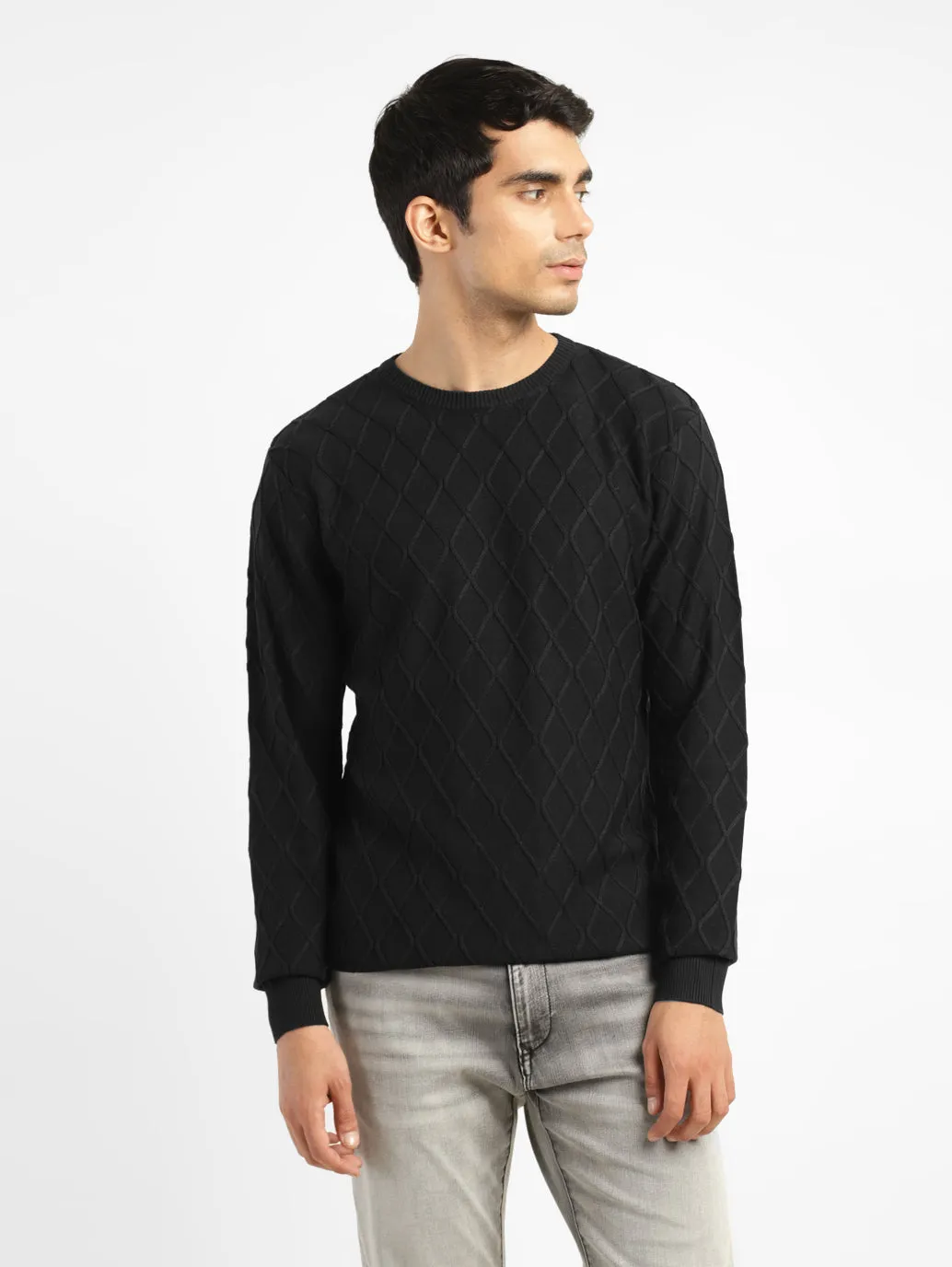 Snug Style Men's Self Design Black Crew Neck Sweater