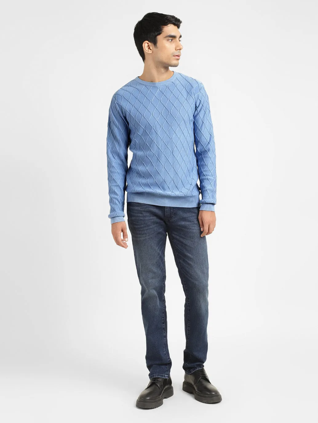 Men's Self Design Blue Crew Neck Sweater Casual Wear Compressed Stitch