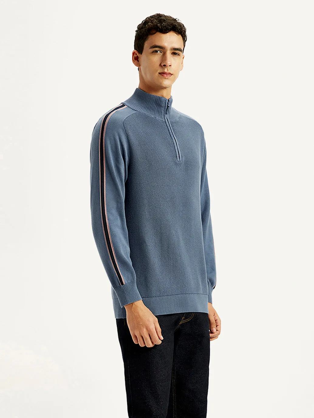 Ventilated Armhole Design Men's Self Design Blue Sweater