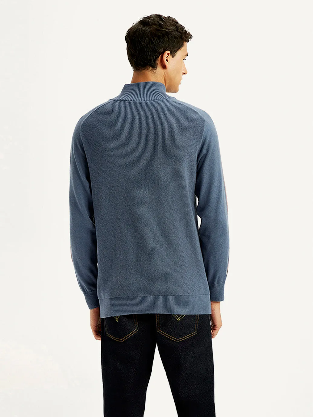 WideRibbed Texture Men's Self Design Blue Sweater