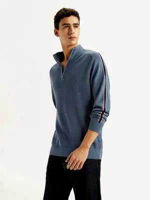 Weekend Ready Oversized Collar Style Men's Self Design Blue Sweater