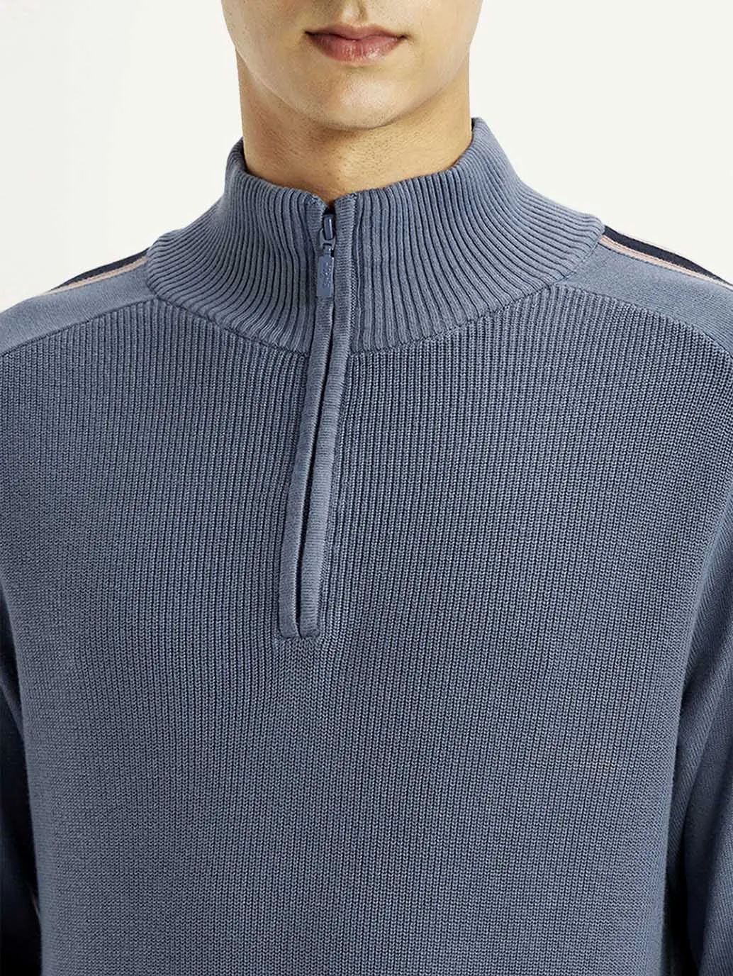 Men's Self Design Blue Sweater MultiPly Yarn Construction NonIrritating Stitching