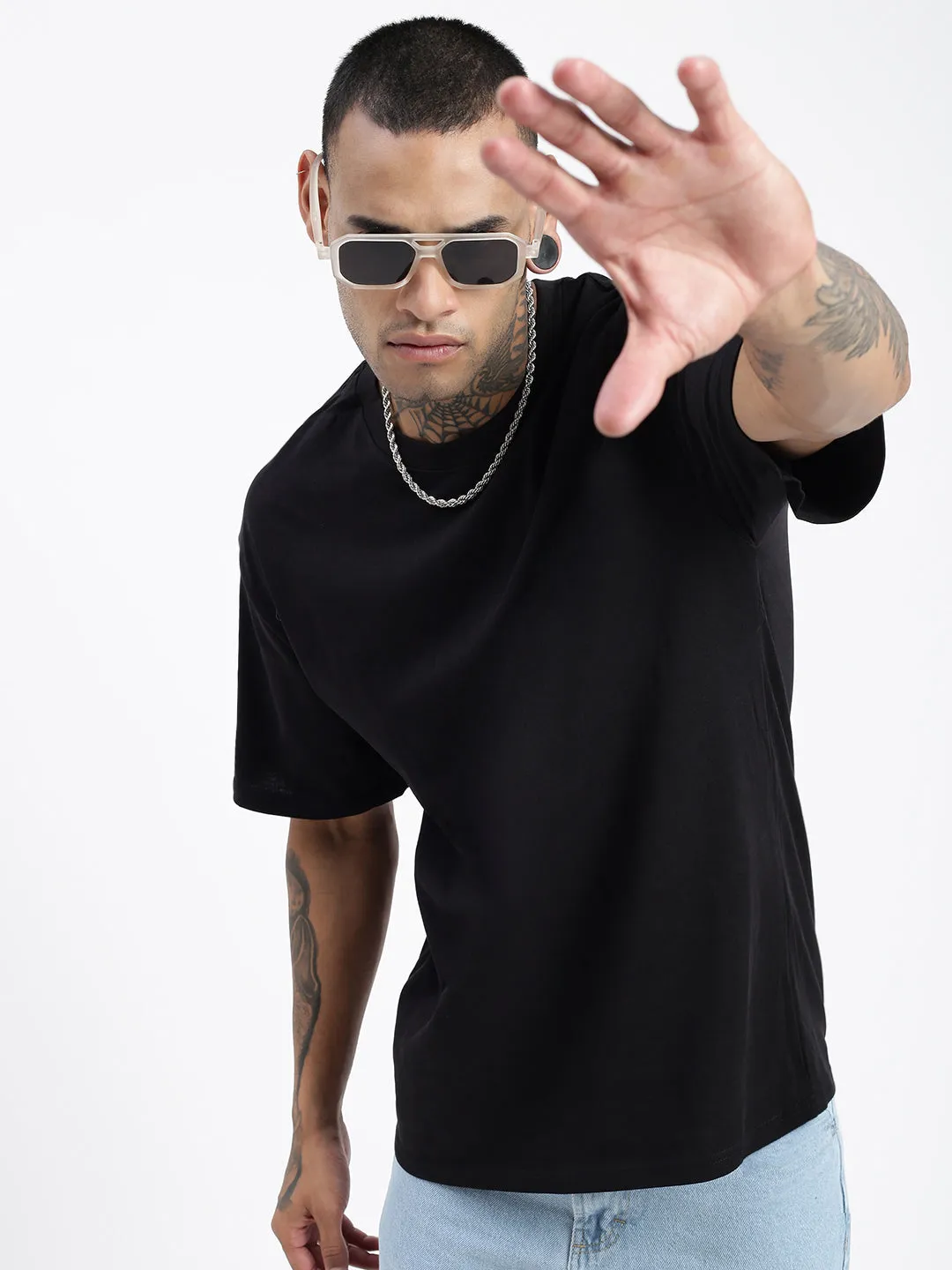 Layered Hem Design Men's Solid Black Oversized T-Shirt