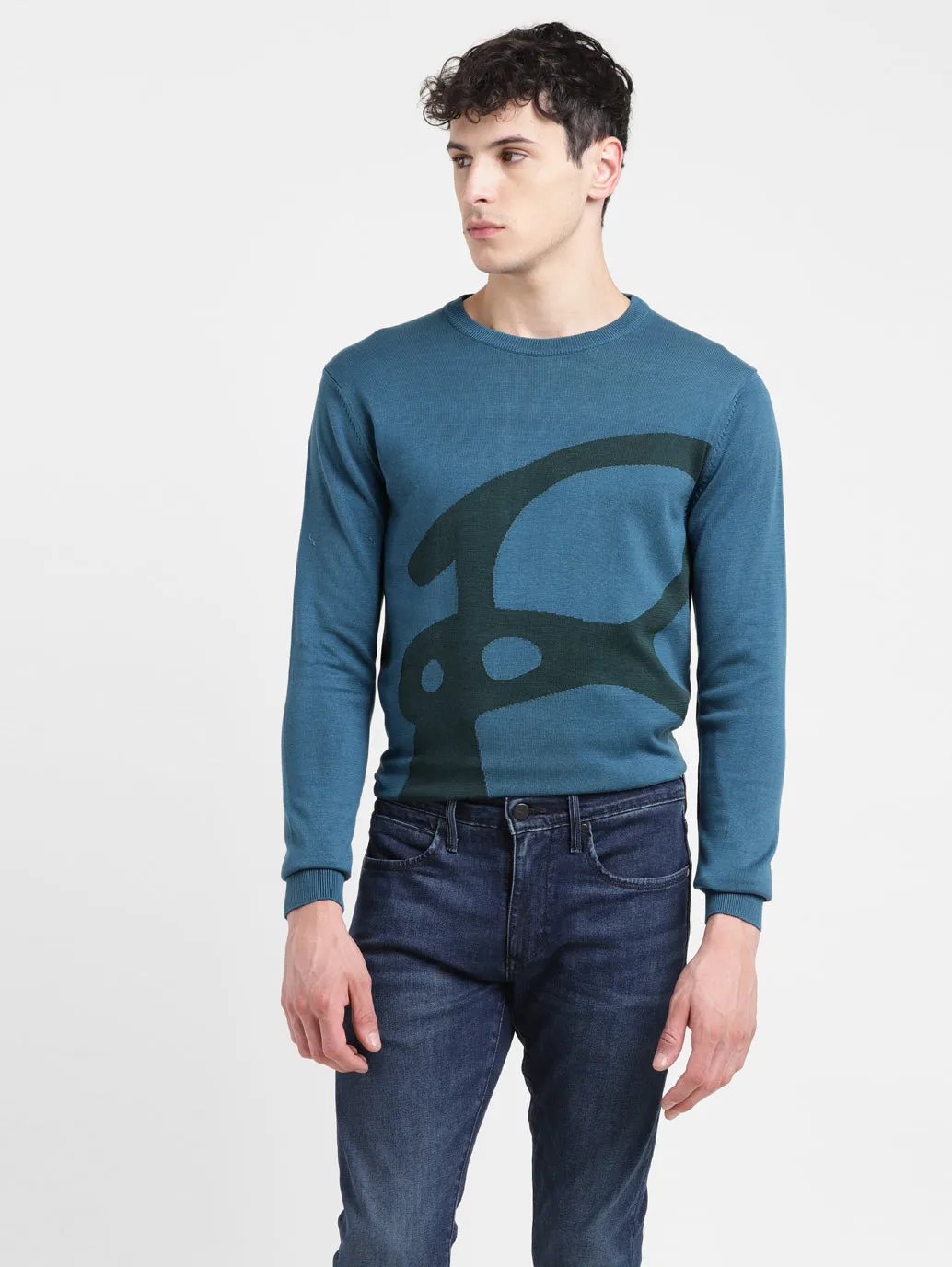 Minimal Fashion Stretch Knit Backing Men's Solid Blue Crew Neck Sweater