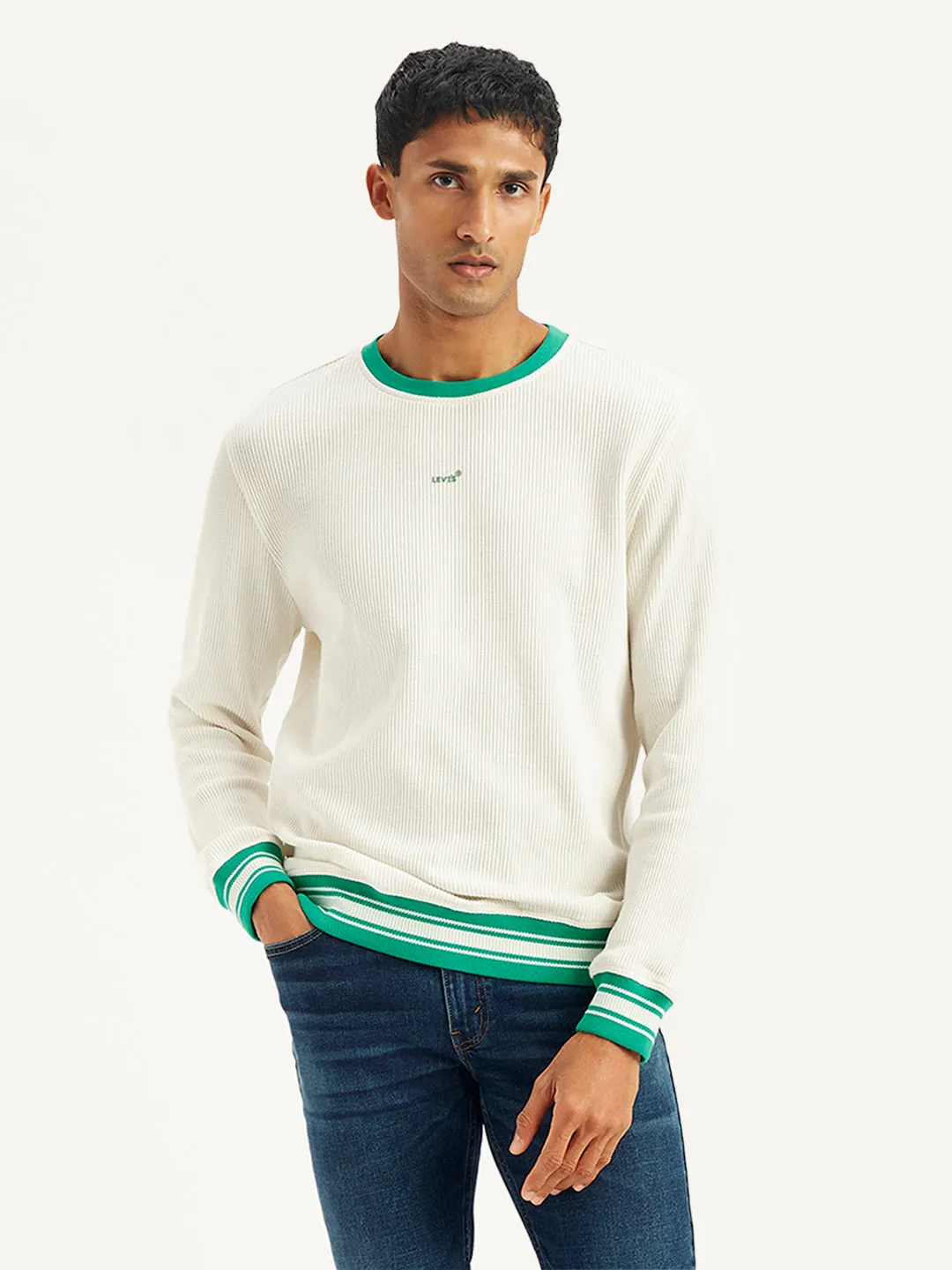 Men's Solid Off-White Crew Neck Sweater Reinforced Hems