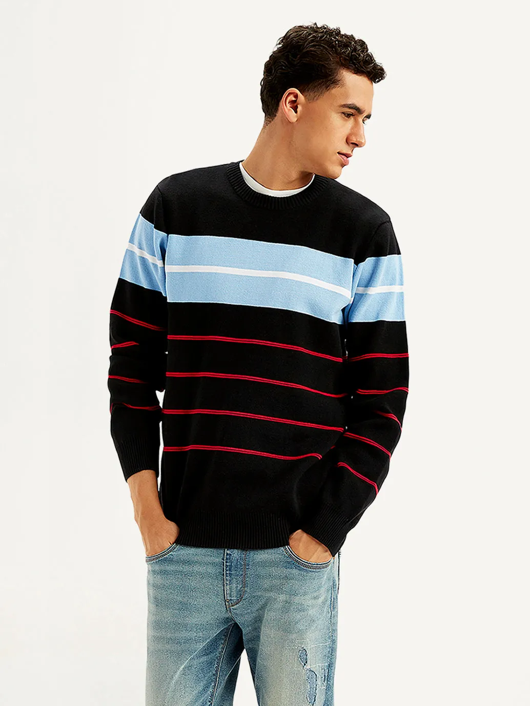 Men's Striped Black Crew Neck Sweater Urban Fashion Cozy Loopback Fabric