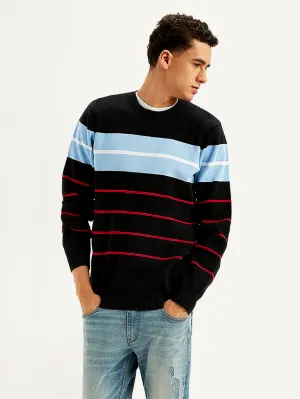 Men's Striped Black Crew Neck Sweater Fresh Trend