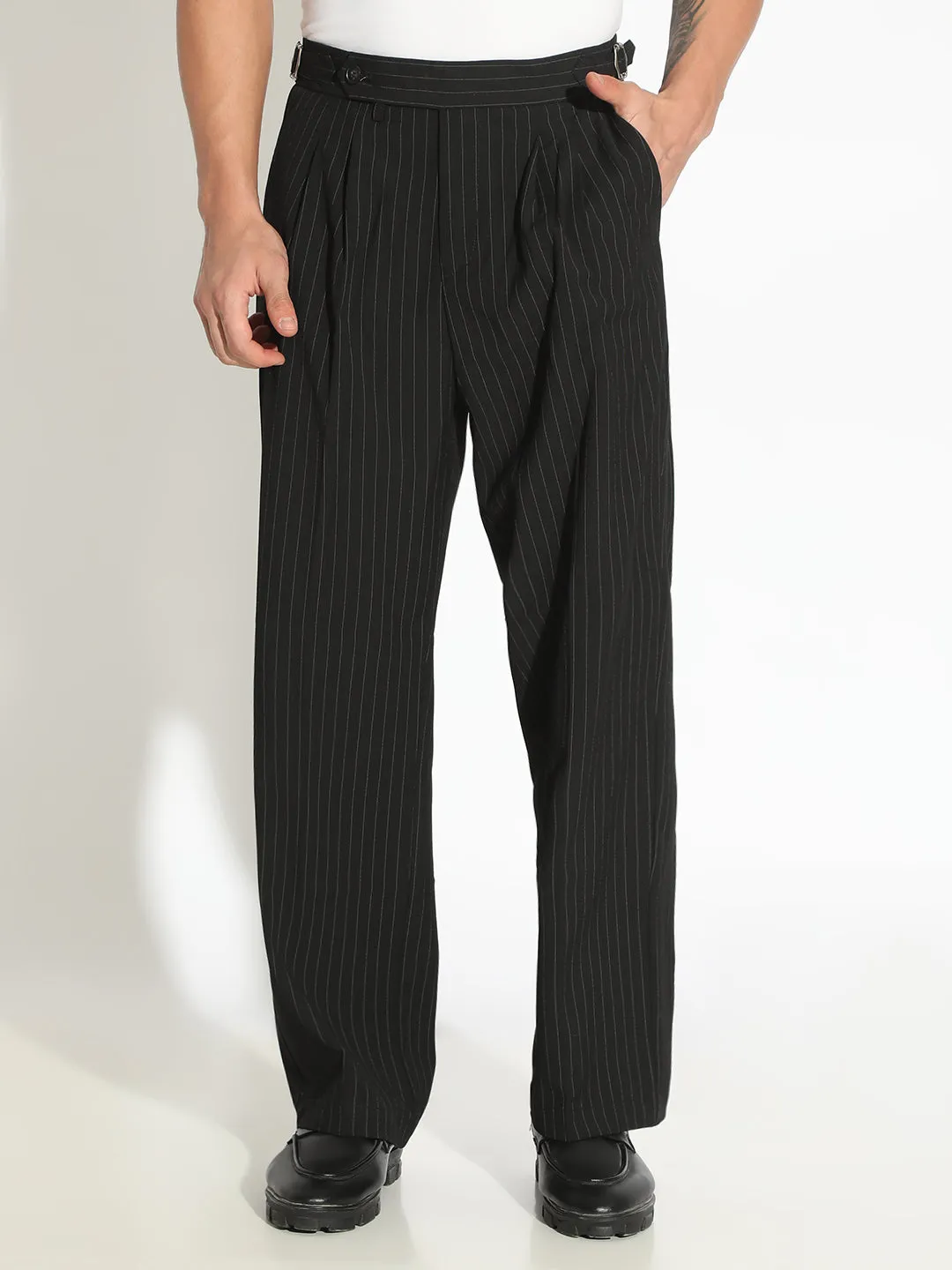 Men's Striped Black Straight Fit Pleated Korean Trousers Flex Fit Design Relaxed Fit Design