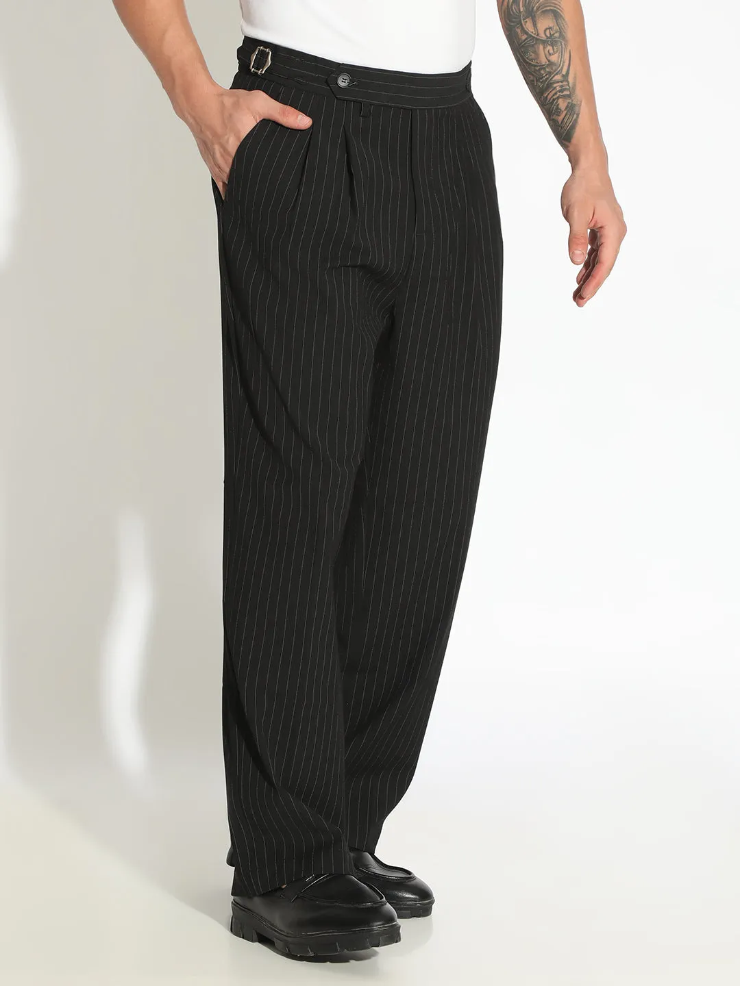 Slim Stretch Movement Support Men's Striped Black Straight Fit Pleated Korean Trousers