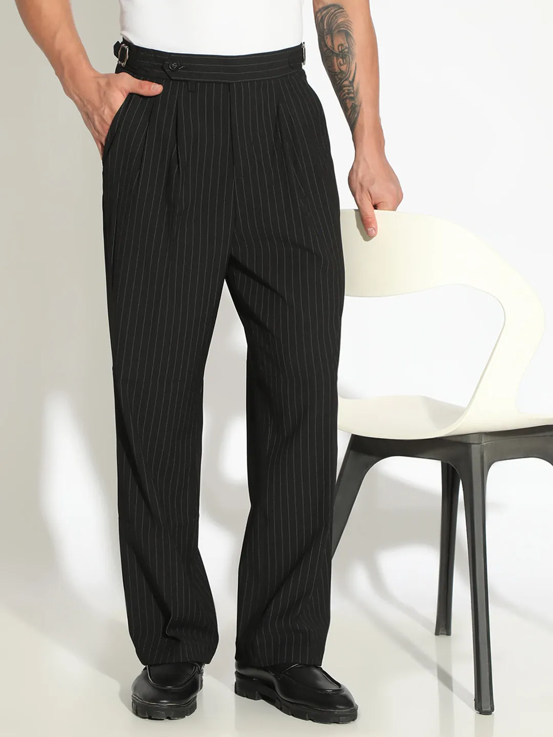 Light Coverage Button front Men's Striped Black Straight Fit Pleated Korean Trousers