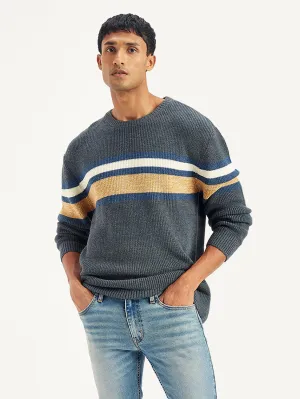 Work From Home Flexible Seam Structure Men's Striped Grey Crew Neck Sweater