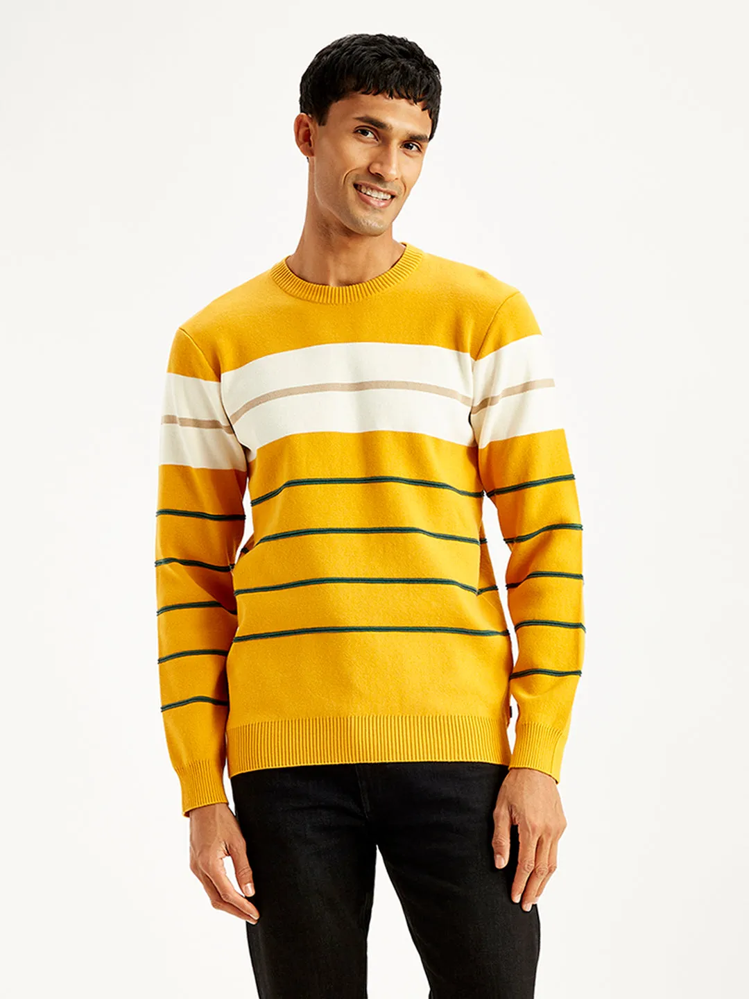 Men's Striped Mustard Crew Neck Sweater Lattice Pattern Zero Waste Production