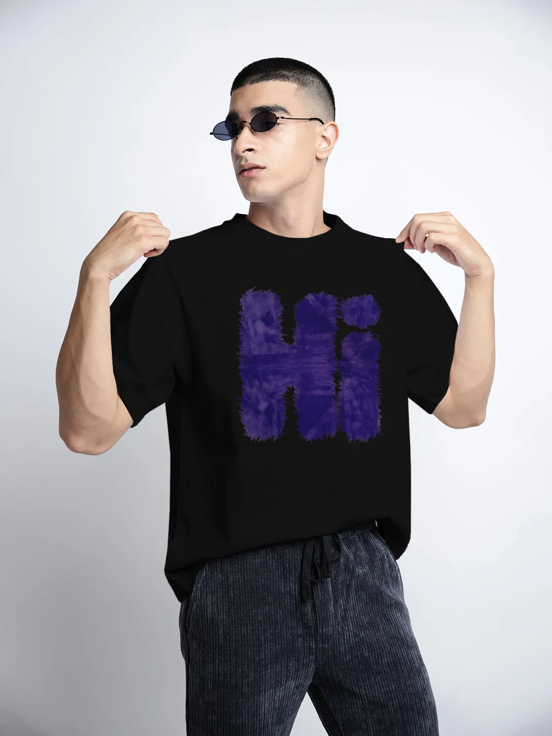 Men's Typography Black Short Sleeves Round Neck Oversized T-Shirt Hypoallergenic Textile