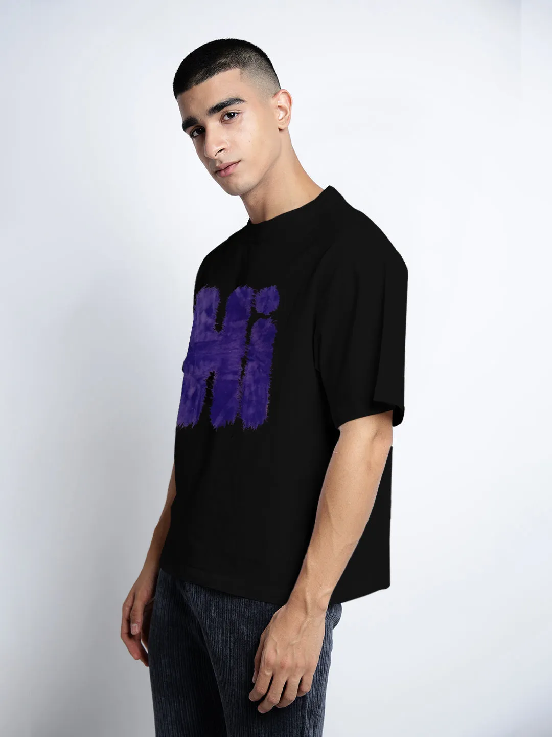 Men's Typography Black Short Sleeves Round Neck Oversized T-Shirt Good stretch