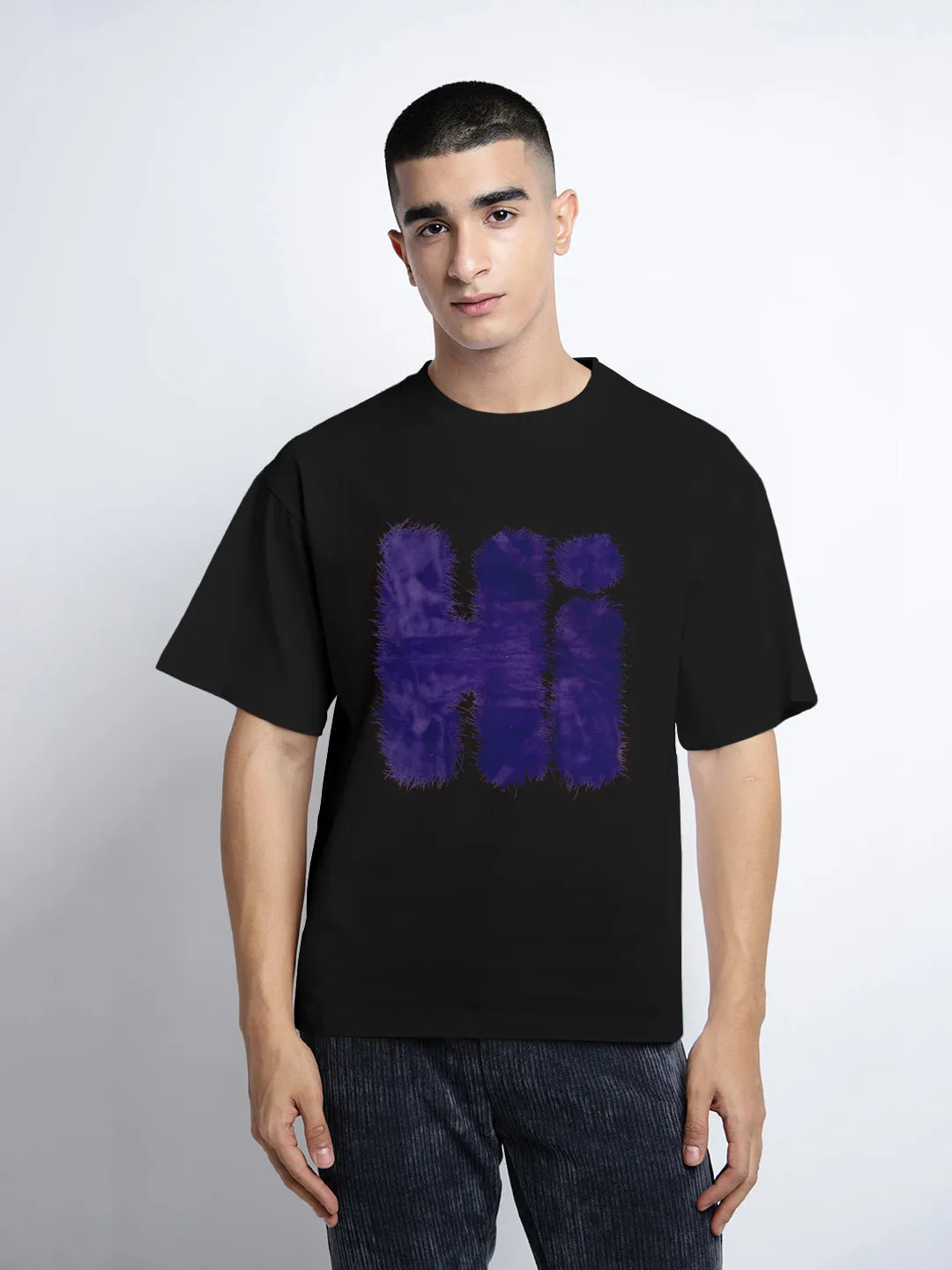 Breezy Comfort Stylish Day Wear Men's Typography Black Short Sleeves Round Neck Oversized T-Shirt