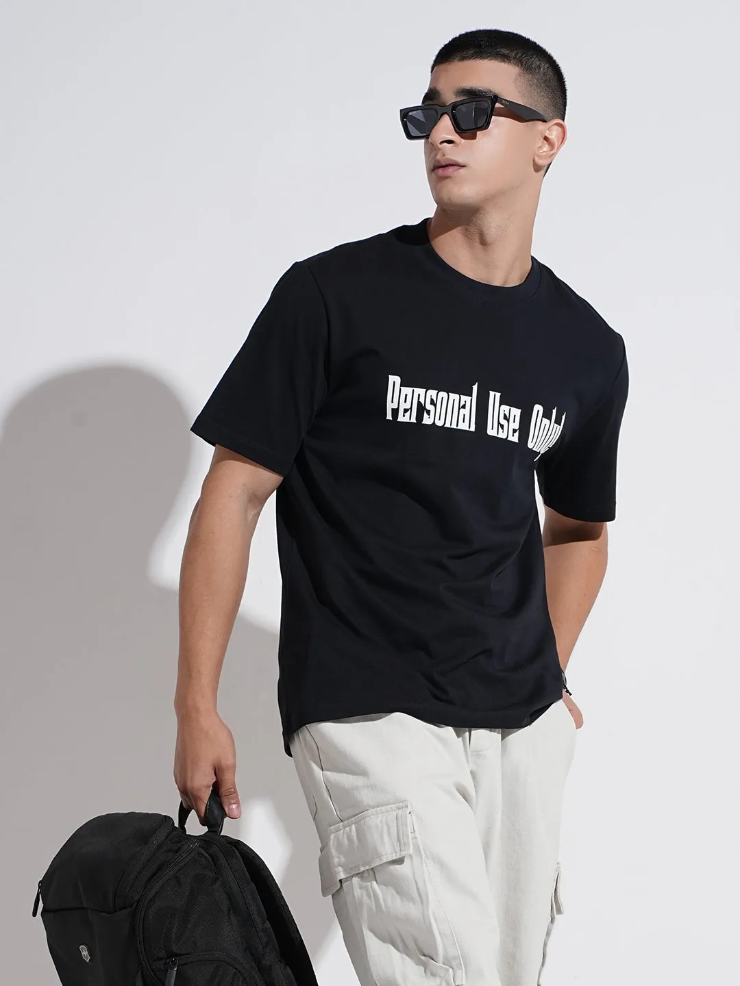 Men's Typography Black Short Sleeves Round Neck Relaxed Fit T-Shirt HighThreadCount