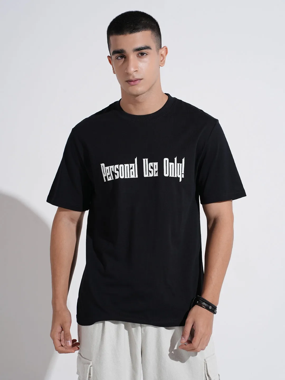 Floral Pattern Men's Typography Black Short Sleeves Round Neck Relaxed Fit T-Shirt