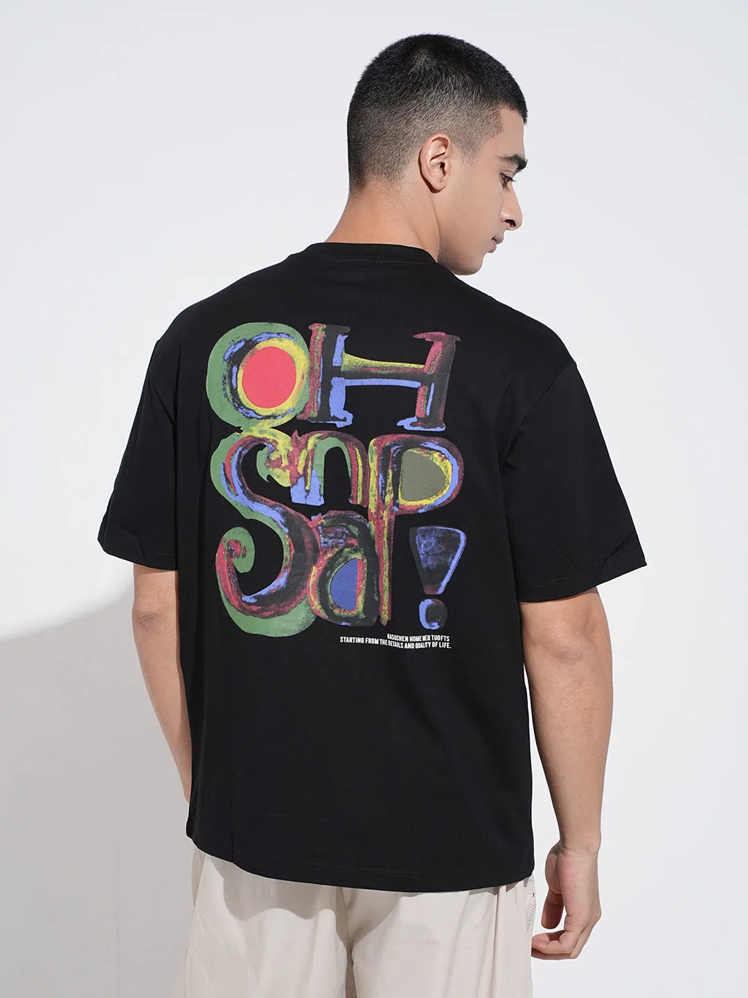 Men's Typography Black Short Sleeves Round Neck Relaxed Fit T-Shirt Versatile Fit