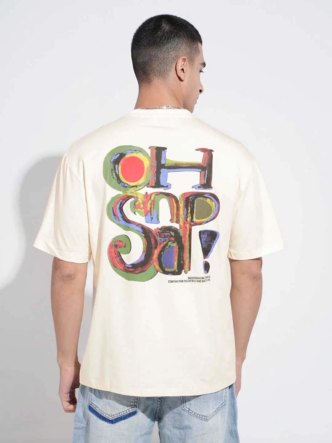 Men's Typography Cream Short Sleeves Round Neck Relaxed Fit T-Shirt Relaxed Fit Casual Must-Have