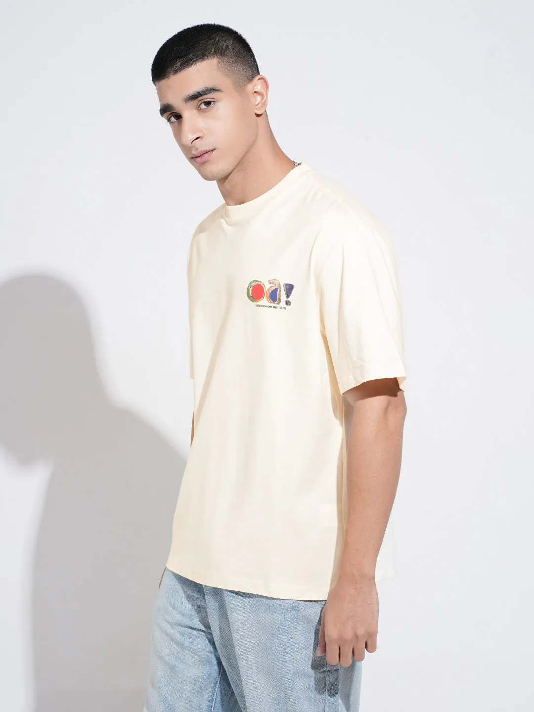 Men's Typography Cream Short Sleeves Round Neck Relaxed Fit T-Shirt Sporty Design