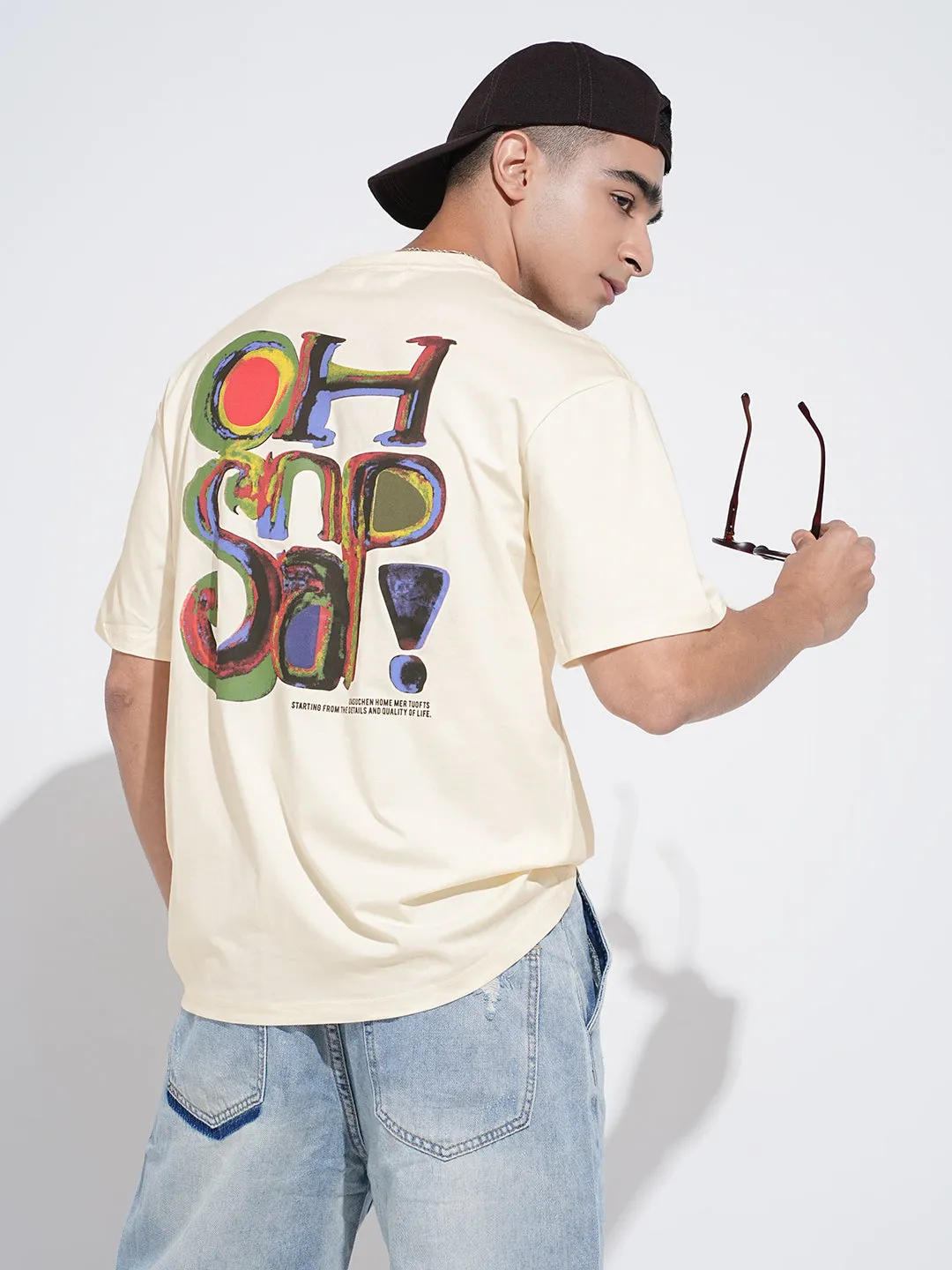 Quick Wear Men's Typography Cream Short Sleeves Round Neck Relaxed Fit T-Shirt