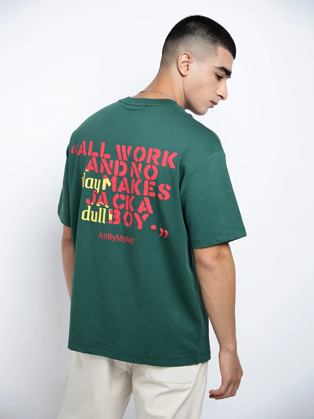 Men's Typography Green Short Sleeves Round Neck Relaxed Fit T-Shirt TearResistant Fabric