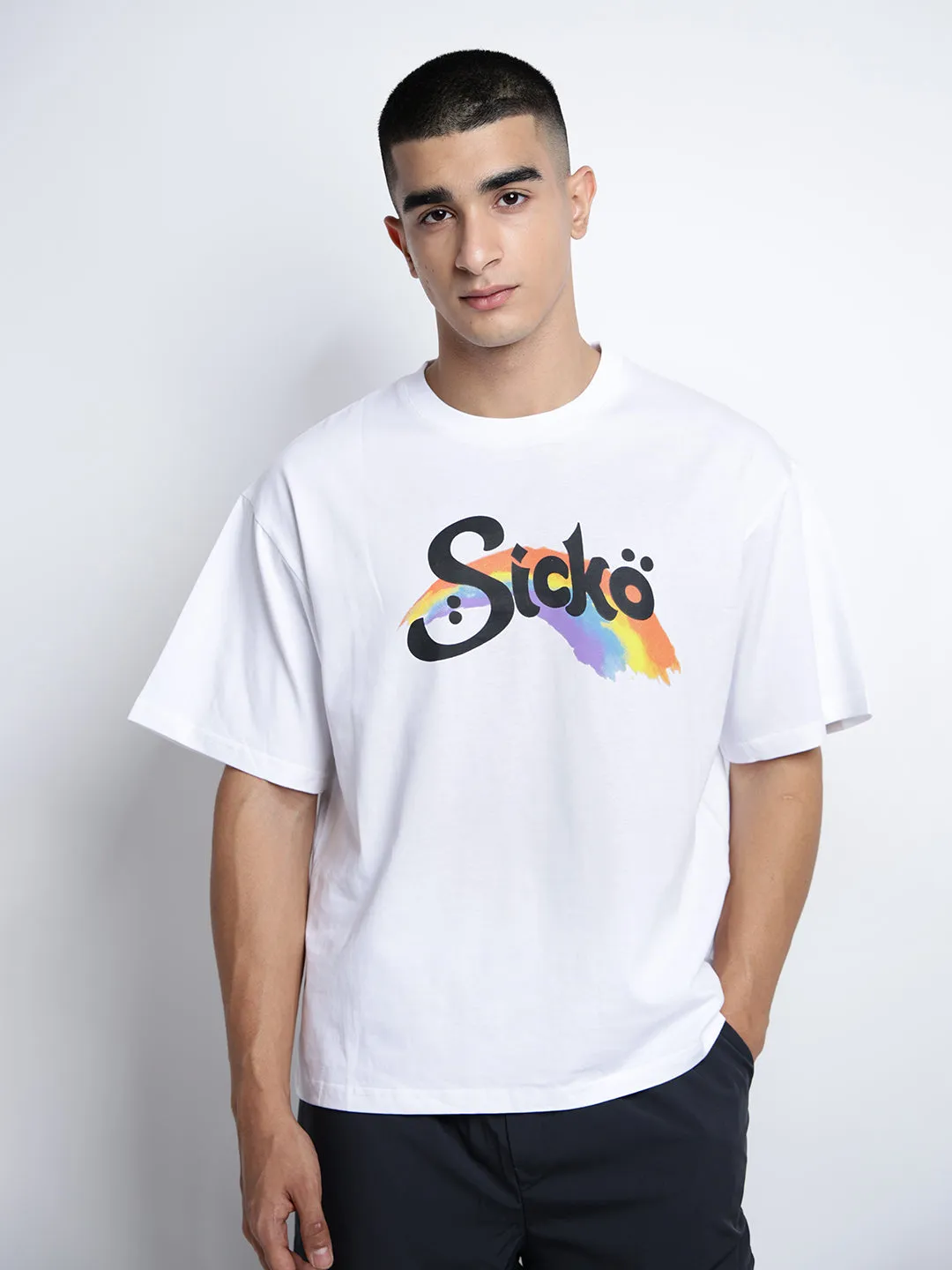 Holiday Wear Men's Typography White Short Sleeves Round Neck Oversized T-Shirt