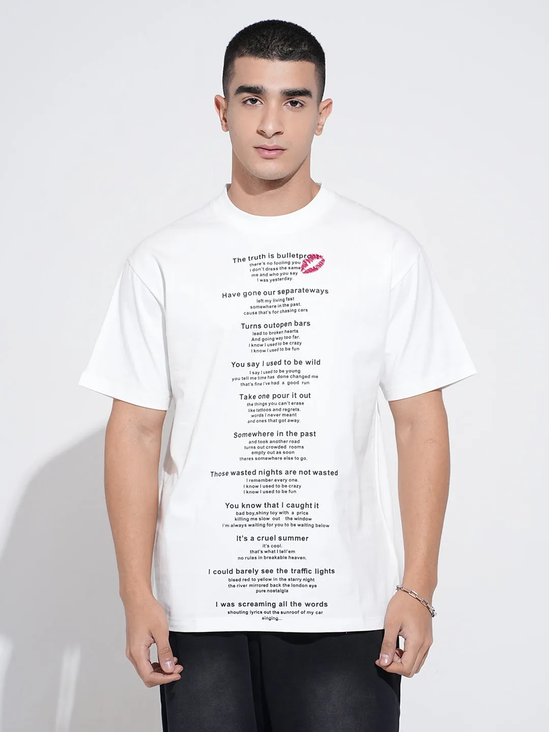 Men's Typography White Short Sleeves Round Neck Relaxed Fit T-Shirt Workout Gear Travel Light