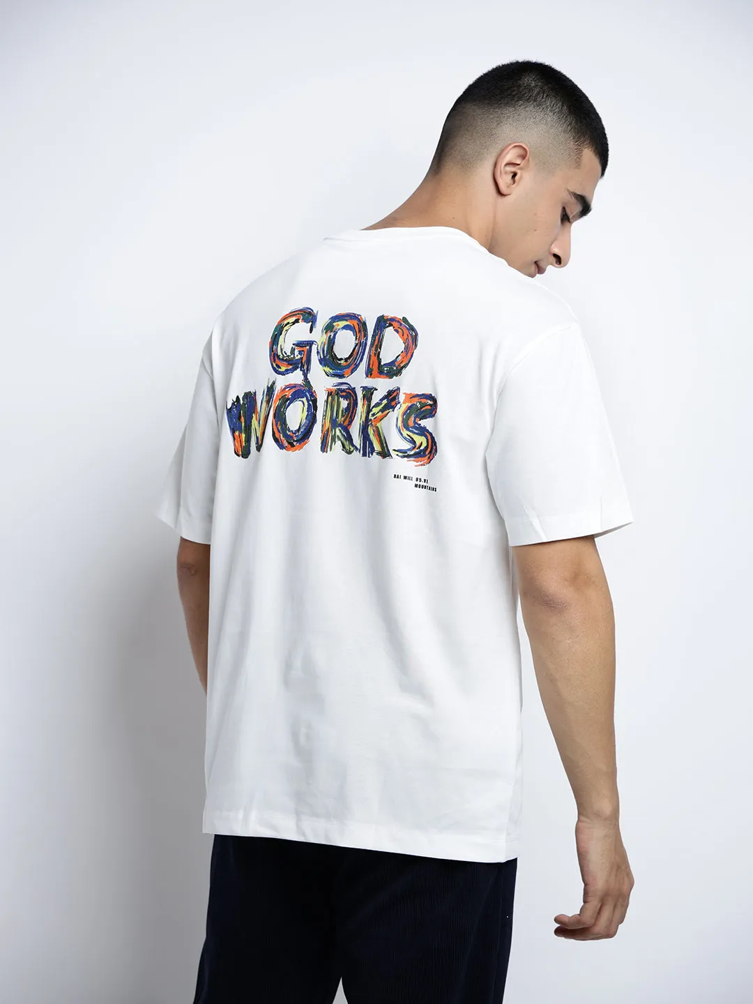 Men's Typography White Short Sleeves Round Neck Relaxed Fit T-Shirt Odor Control Finish UPF Rated Fabric