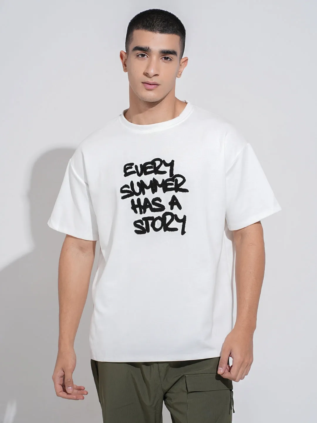 Men's Typography White Short Sleeves Round Neck Relaxed Fit T-Shirt Light Comfort Style