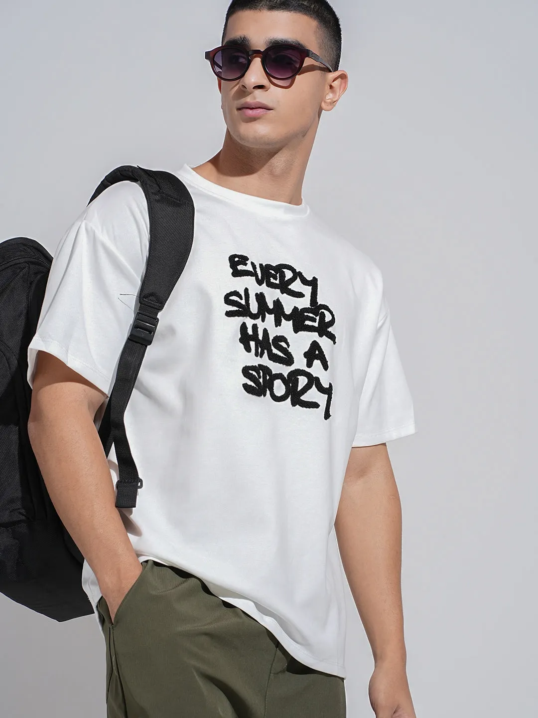 Men's Typography White Short Sleeves Round Neck Relaxed Fit T-Shirt Anti Pilling Treatment