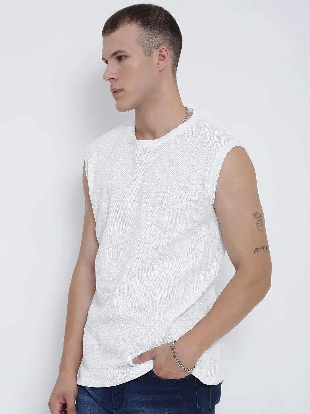 Quick Change Men's White Relaxed Fit Sleeveless Muscled Tank T-Shirt