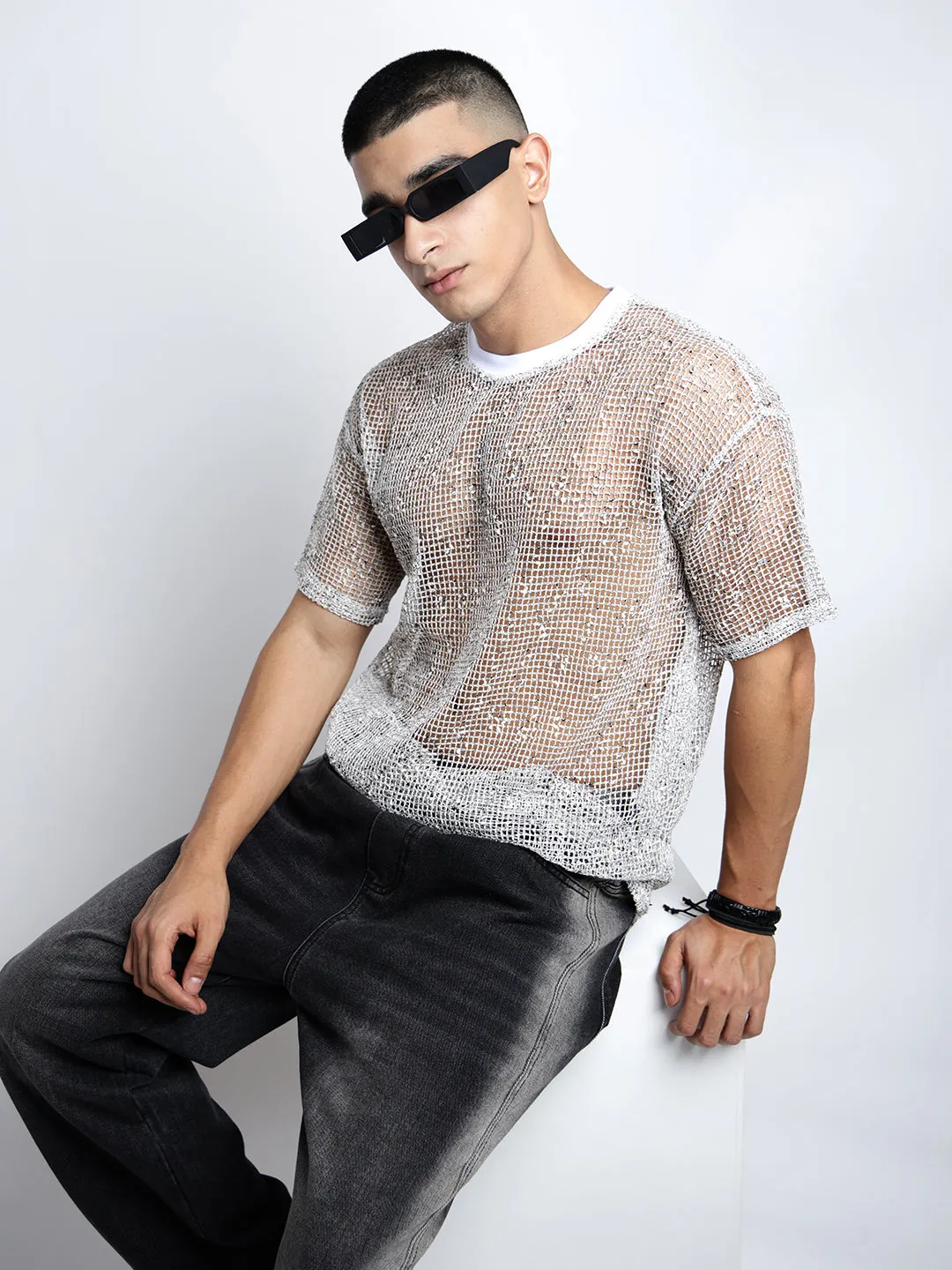 Men's White Short Sleeves Round Neck Relaxed Fit Mesh T-Shirt Ethically Sourced Materials