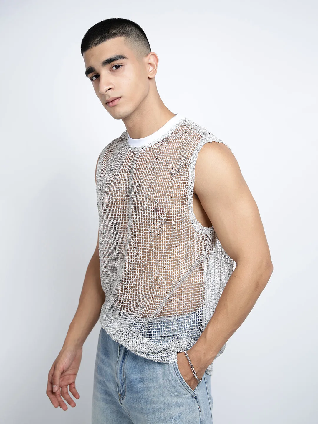 Men's White Sleeveless Round Neck Relaxed Fit Mesh T-Shirt Roomy Fit