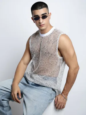 Roomy Comfort Men's White Sleeveless Round Neck Relaxed Fit Mesh T-Shirt