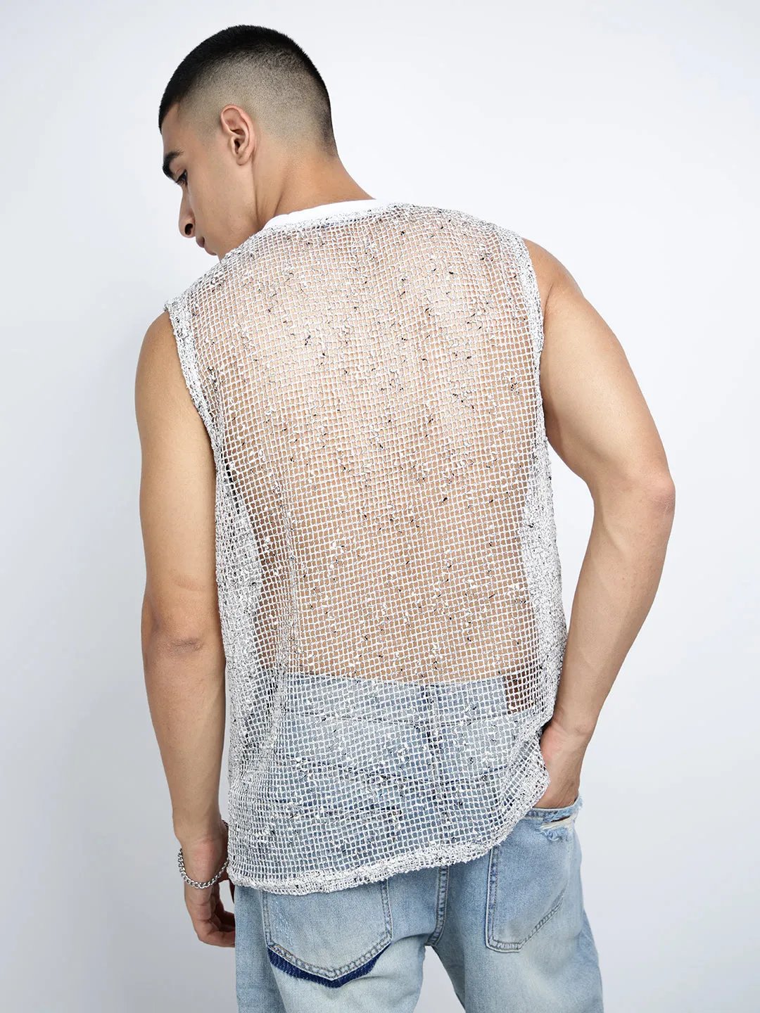 Outdoor Adventure Men's White Sleeveless Round Neck Relaxed Fit Mesh T-Shirt