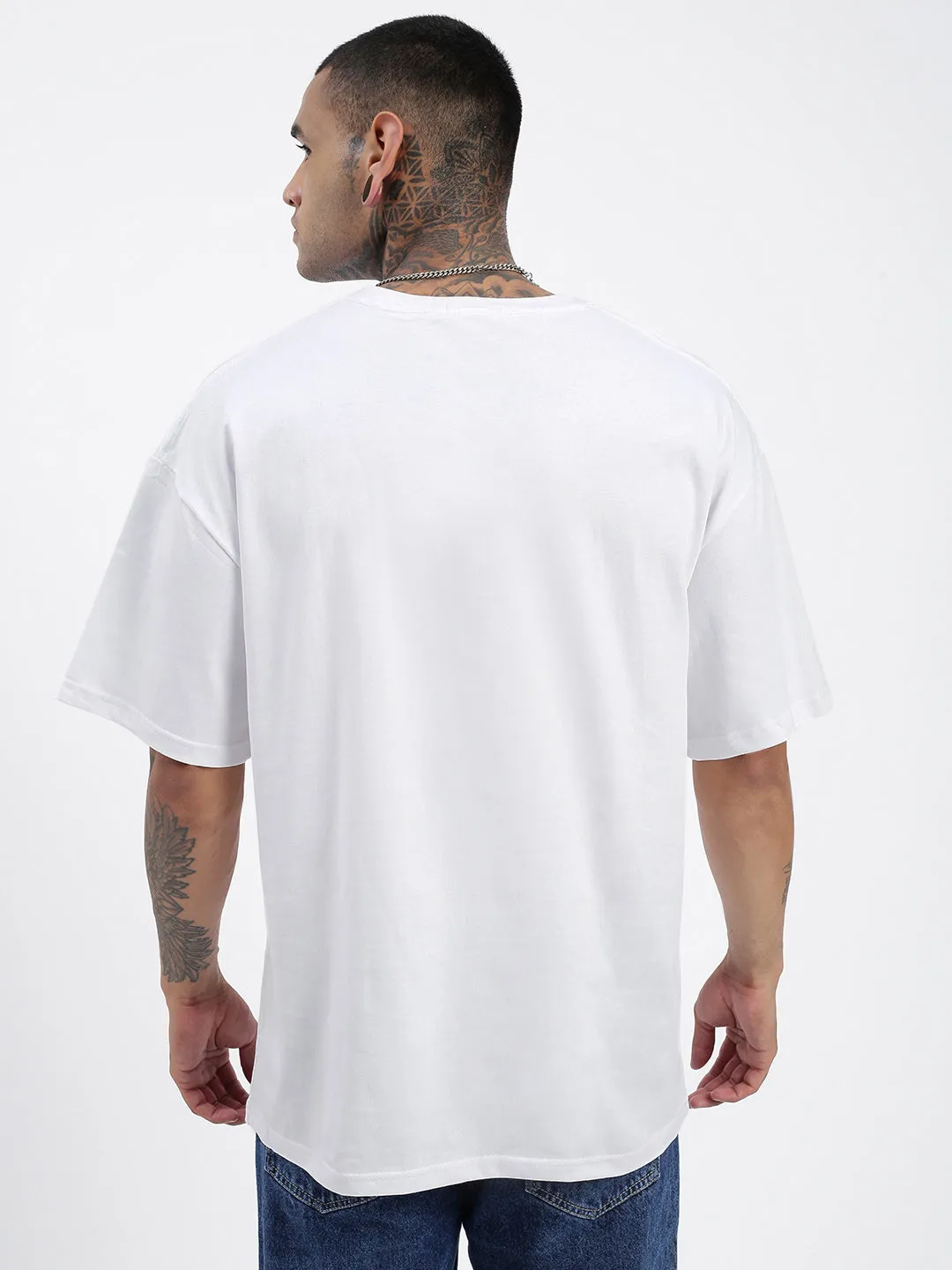 Sleek Look Men's White Solid Round Neck Cotton Oversized T-Shirt