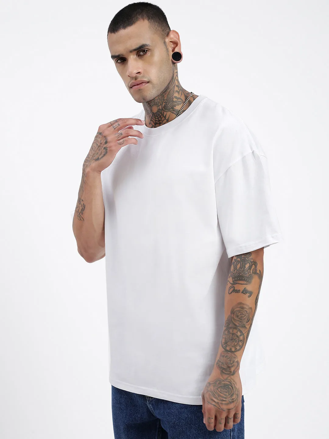 AntiPilling Treatment Casual Active Men's White Solid Round Neck Cotton Oversized T-Shirt
