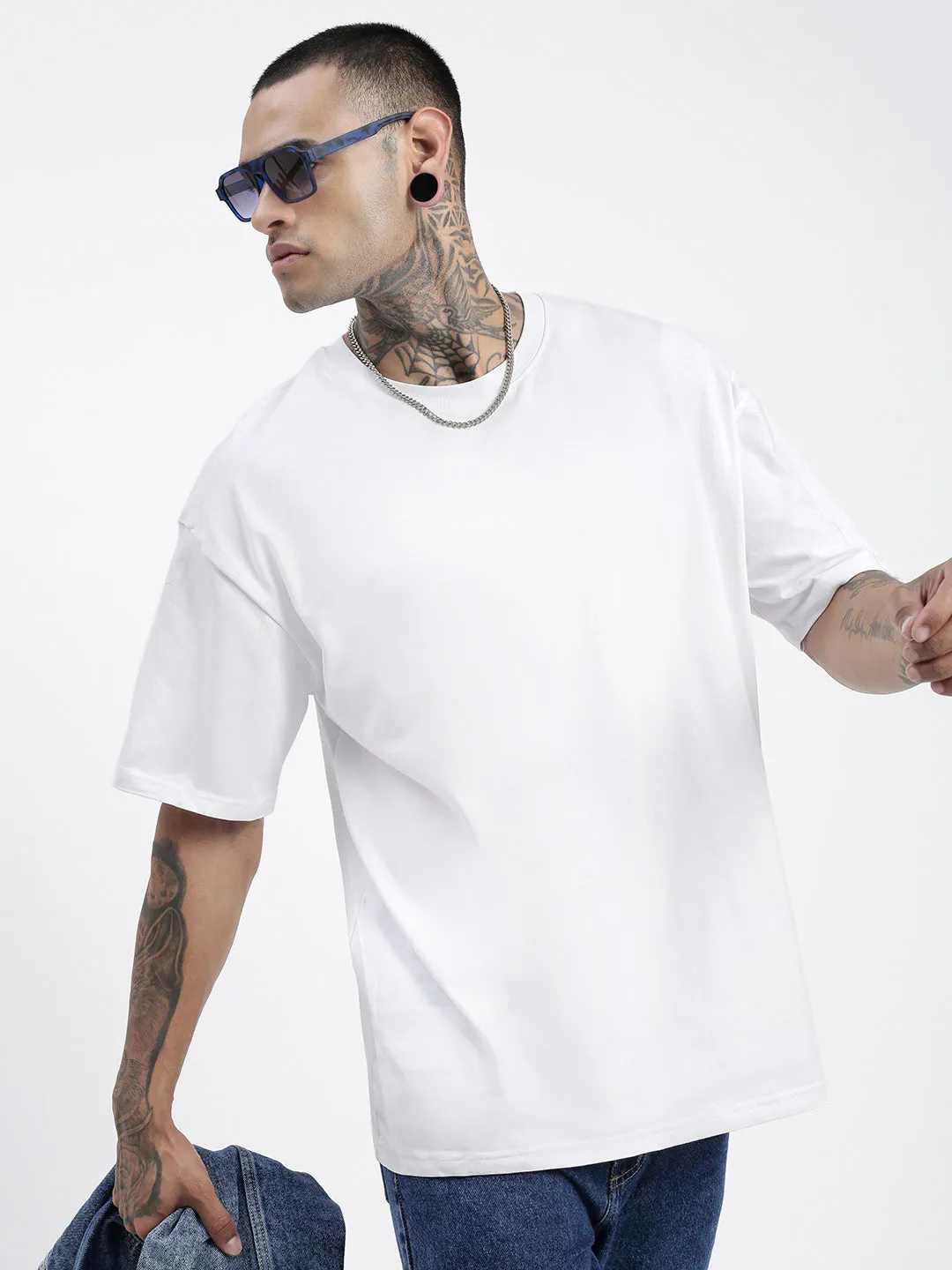 Men's White Solid Round Neck Cotton Oversized T-Shirt Stylish Wearable