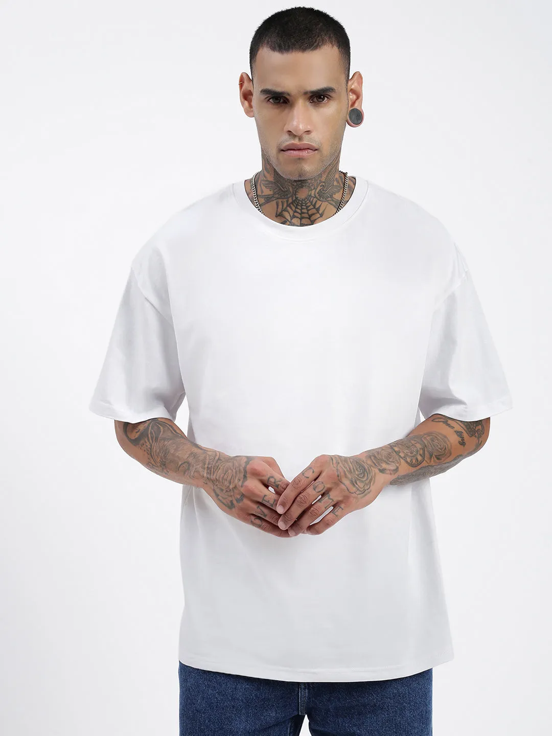 Breathable Performance Wear Modern Simplicity Men's White Solid Round Neck Cotton Oversized T-Shirt