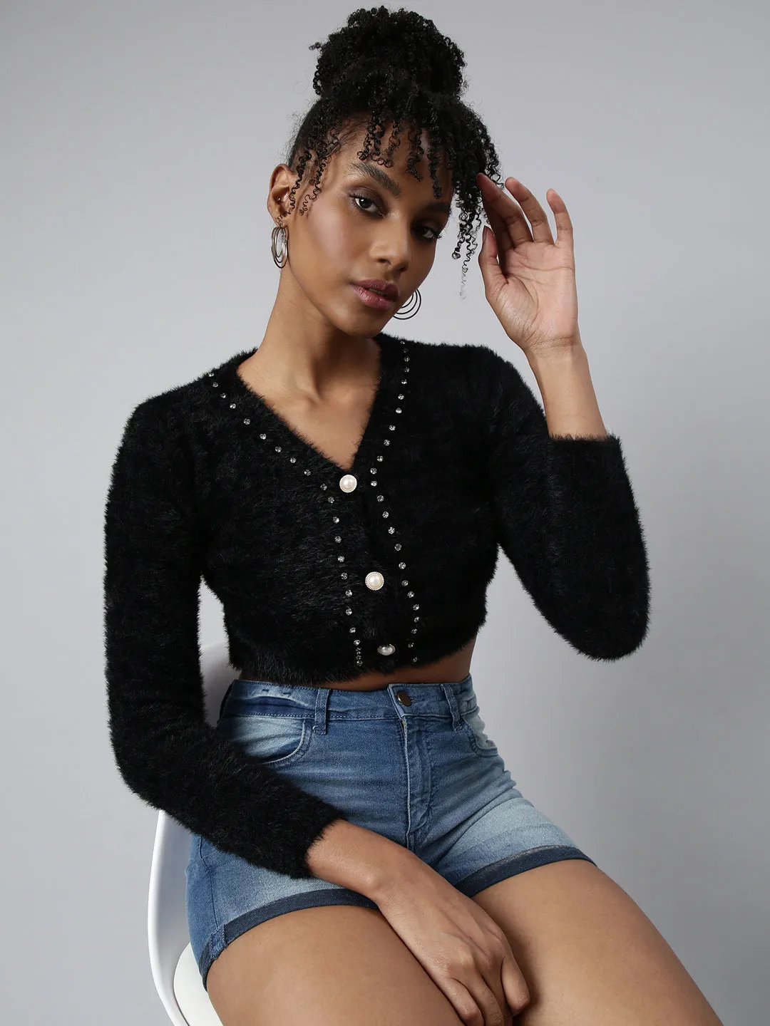 Lived In Women's Black Crop Cardigan