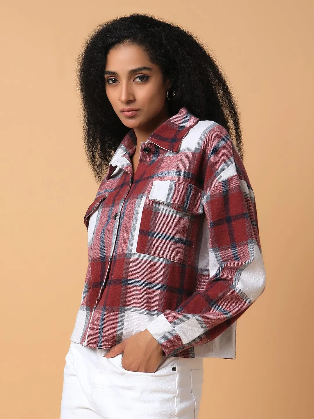 SeamlessSidePanels Women's Maroon Relaxed Tartan Checks Opaque Checked Casual Shirt