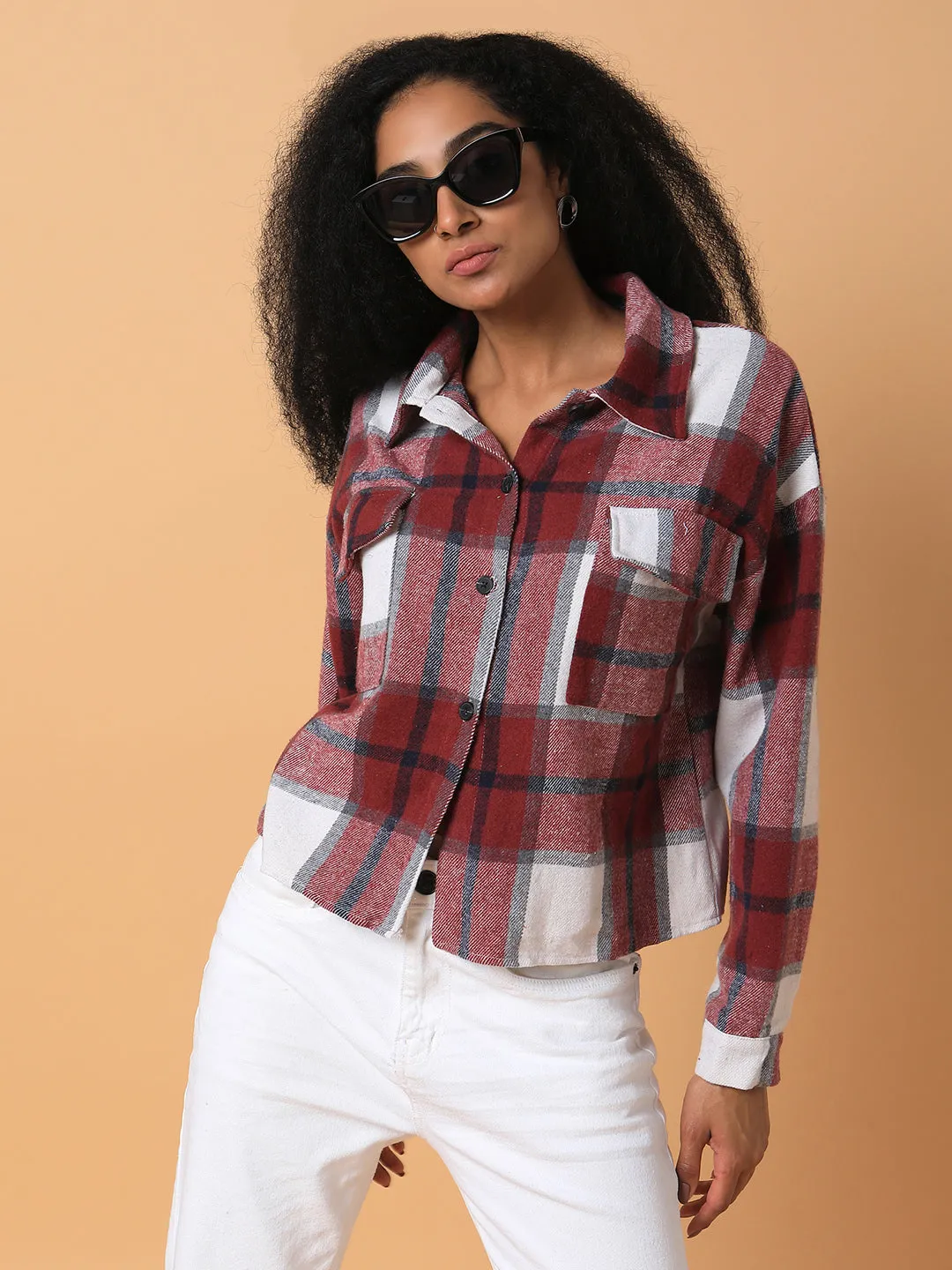 Women's Maroon Relaxed Tartan Checks Opaque Checked Casual Shirt Comfortable Layers quick dry